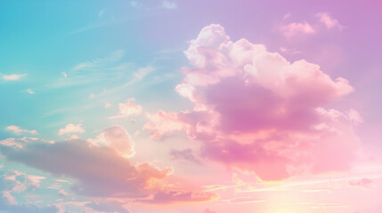 Pastel sky landscape with mix of pink, blue, yellow colors and fluffy, white clouds and the sun is shining brightly in the background.