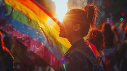 Diverse individuals joyously wave rainbow flags, celebrating LGBTQ representation at festival, smiles reflecting acceptance and unity triumph.
