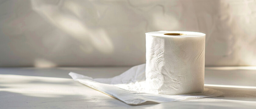 A single roll of white toilet paper sits on a white surface in bright lighting.