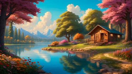 Step back in time to the 60s with this unique shack surrounded by a colorful path of flowers, lush trees, and a tranquil lake. The oil painting style adds a touch of nostalgia to this visually descrip - obrazy, fototapety, plakaty