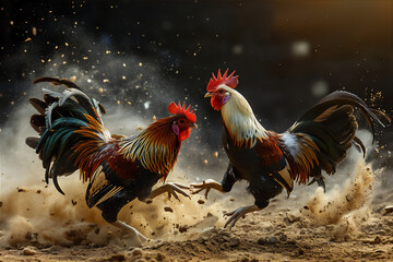 Two Roosters fight in farm at morning - obrazy, fototapety, plakaty