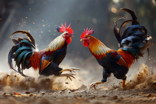 Two Roosters fight in farm