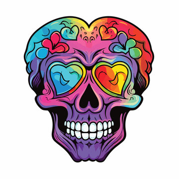 Skull head with smile face rainbow and heart illust