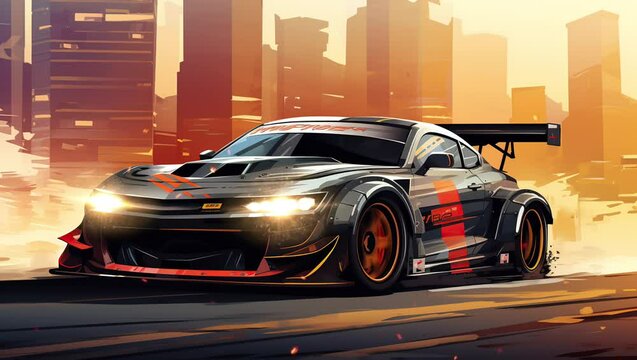 Sleek hypercar navigating the city streets at sunrise. Urban adventure at daybreak Seamless looping 4k time-lapse virtual video animation background. Generated AI