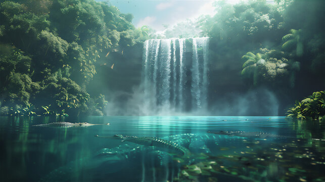 waterfall with clear water in the forest with crocodile under water