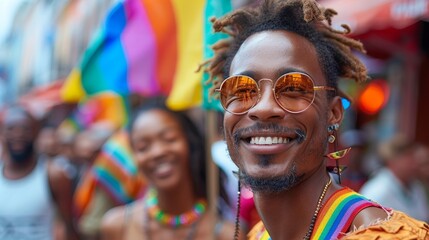 Diverse individuals joyously wave rainbow flags, celebrating LGBTQ representation at festival, smiles reflecting acceptance and unity triumph.
 - obrazy, fototapety, plakaty