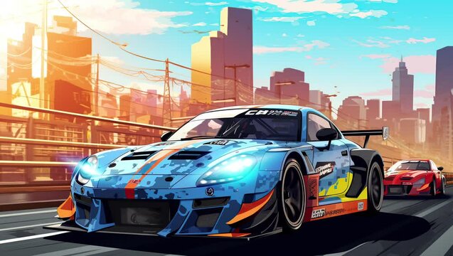 Luxurious hypercar speeding through the sunlit city streets. Thrilling urban drive on a sunny day  Seamless looping 4k time-lapse virtual video animation background. Generated AI