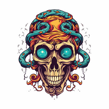 Skull head with snakes and one eye illustration for