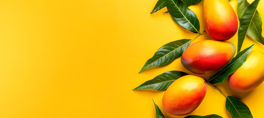 Healthy food summer and fresh mangos fruits banner - Top view of many fresh ripe mango and tropical leaves, isolated on yellow background with texture