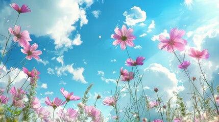 Fototapeta na wymiar Cosmos flowers on a background of blue sky with clouds