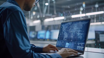 Global Energy Analysis Professional Using Laptop to Visualize Resource Management Data