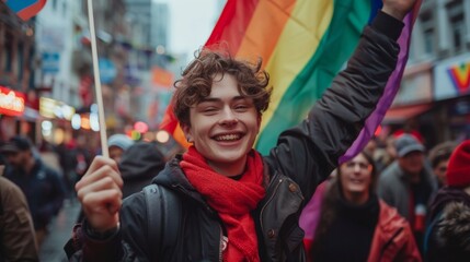 In the lively LGBTQ festival ambiance, portraits showcase people embracing identities, waving rainbow flag with beaming smiles, symbolizing strength in unity and diversity.
