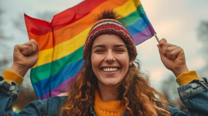 At vibrant LGBTQ festival, people unite with beaming smiles and rainbow flag, embodying inclusivity and representation, amplifying human identity's vibrant tapestry.

