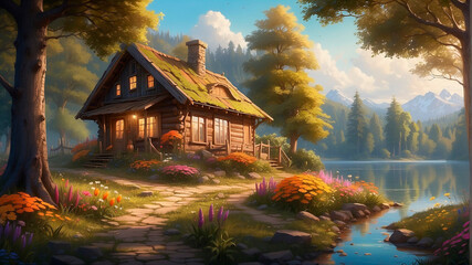 Step back in time to the 60s with this unique shack surrounded by a colorful path of flowers, lush trees, and a tranquil lake. The oil painting style adds a touch of nostalgia to this visually descrip