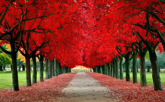 Beautiful autumn park with red maple trees and road, 3d render. Autumn forest with red leaves and some red trees. red woods forest.