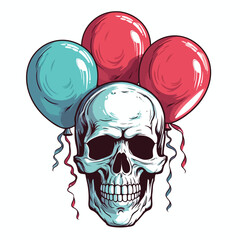 Skull holding balloon illustration. Vector graphics