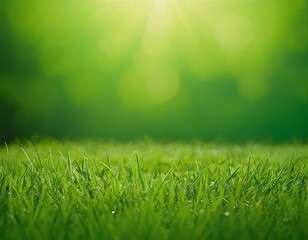Fototapeta premium Green grass, against a background of blurred nature. Spring and summer concept. grass texture, blurred background, sun rays. Nature concept. Copy space for text.
