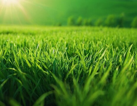 Green grass, against a background of blurred nature. Spring and summer concept. closeup grass texture, blurred background, sun rays. Nature concept. Copy space for text.