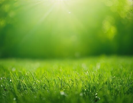 Green grass, against a background of blurred nature. Spring and summer concept. grass texture, blurred background, sun rays. Nature concept. Copy space for text.