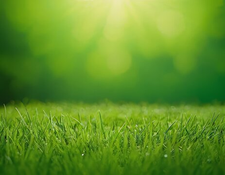 Green grass, against a background of blurred nature. Spring and summer concept. grass texture, blurred background, sun rays. Nature concept. Copy space for text.