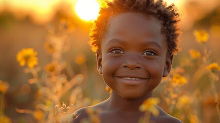 Sunset hues embrace a child's delighted expression, capturing the essence of mental well-being and happiness in a heartening close-up portrait.
