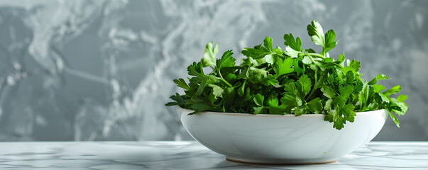 Fototapeta premium parsley on clean modern kitchen table, on plate banner with copy space