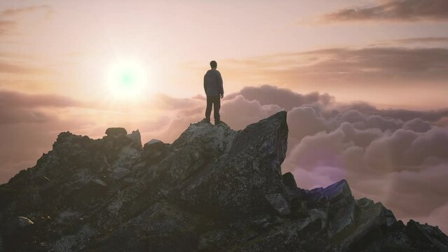 Man Hiker on rocky peak, cloudscape. Adventure Composite. 3d Rendering rocks. Background Image of landscape from BC, Canada. 3D Illustration