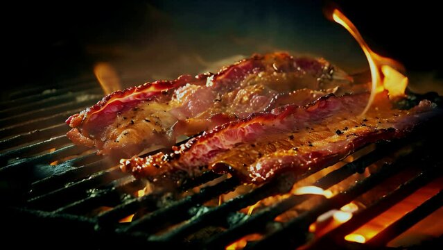 Сrispy bacon cooking over an open flame.