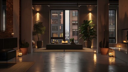 contemporary loft, matte black sitting area on a polished concrete floor, flanked by terracotta planters, warm ambient light and flickering candlelight, earthy tones and textures. generative AI