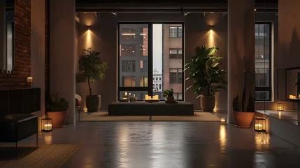 Fototapeten contemporary loft, matte black sitting area on a polished concrete floor, flanked by terracotta planters, warm ambient light and flickering candlelight, earthy tones and textures. generative AI © yj