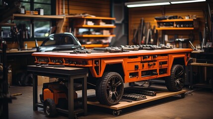 Fototapeta premium Orange Work Bench in Garage With Car