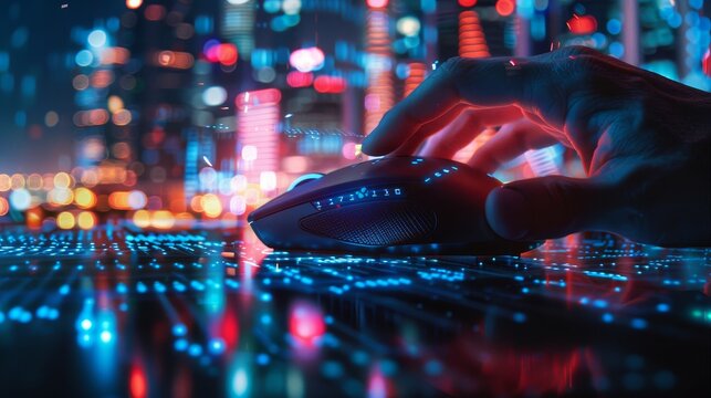 Digital Connection Hand Using Holographic Code Interface in Futuristic Cityscape