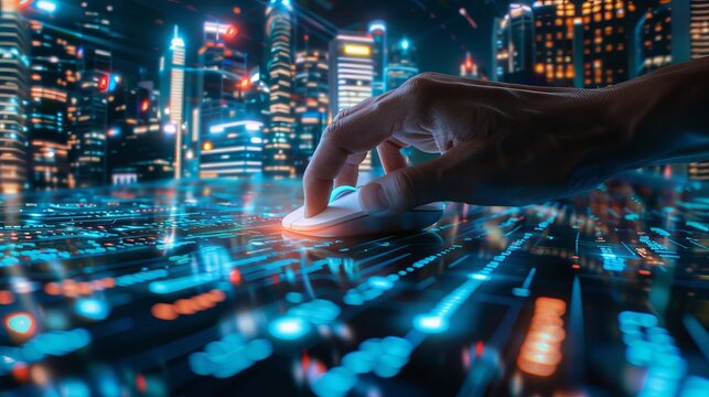 Digital Connection Hand Using Holographic Code Interface in Futuristic Cityscape