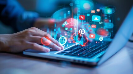 Digital Connectivity Hands on Laptop with Social Media Notifications Digital Marketing and Networking Concept