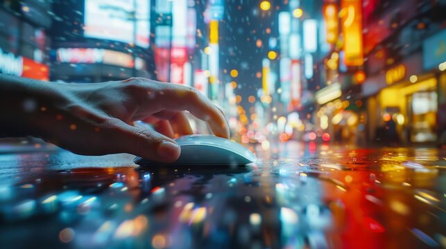 Digital Retail Revolution User's Hand on Mouse with RealTime Shopping Analytics Over Urban Landscape