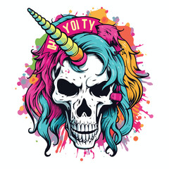 Skull unicorn holding banner with pride typography.