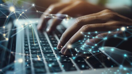 Global Connectivity Hands Typing on Laptop with Digital Mesh Overlay Technology and Communication Concept