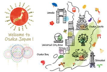 Fototapeta premium かわいい大阪の観光地イラストマップ手描き線画