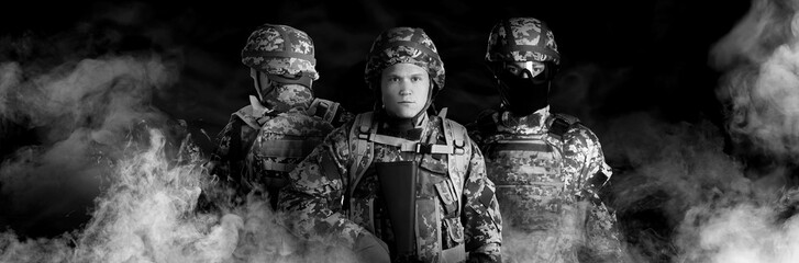 Armed soldiers in smoke on black background, black and white. Banner design - obrazy, fototapety, plakaty