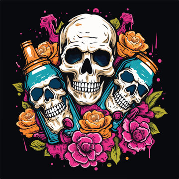 Skulls drinking beers illustration with soft pop st