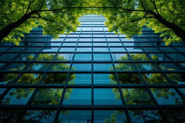 Modern glass office building towers over the urban landscape with a blue sky peeking through Sustainable glass office building with tree for reducing and carbon dioxide .green city eco-friendly design