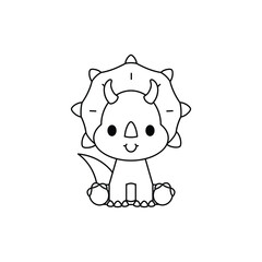 Cute little dinosaur for kid coloring book. Baby triceratops dinosaur isolated on white background. Little dino for t-shirt, kids apparel, poster, nursery or etc. Vector illustration in outline style.