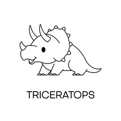 Cute little dinosaur for kid coloring book. Baby triceratops dinosaur isolated on white background. Little dino for t-shirt, kids apparel, poster, nursery or etc. Vector illustration in outline style.