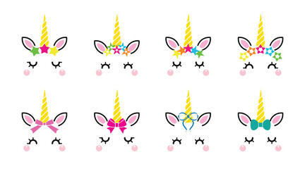 Eight unicorn heads with bow tie ribbon and adorned with stars set isolated on white background. Vector cartoon character illustration. Design for child card, t-shirt. girls, kid. 