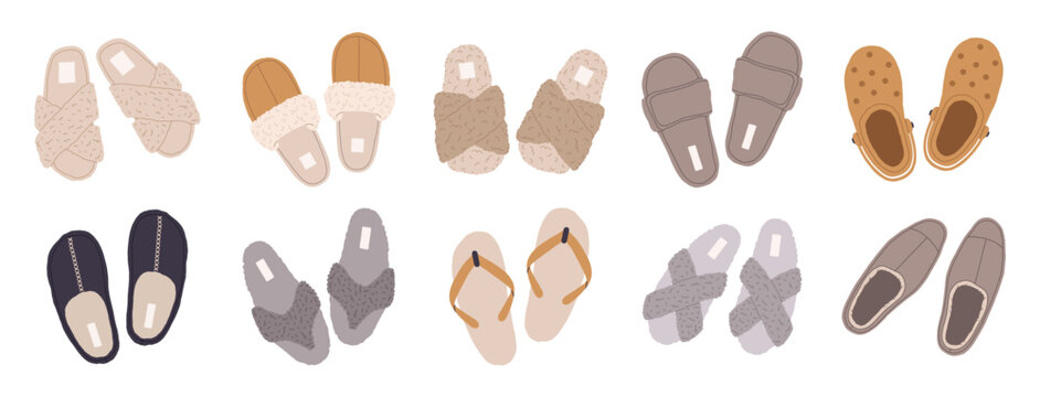 Home footwear. Cozy domestic slippers, flip flops, clogs and fluffy slippers, male and female textile house shoes flat vector illustration set. Soft indoor outfit elements