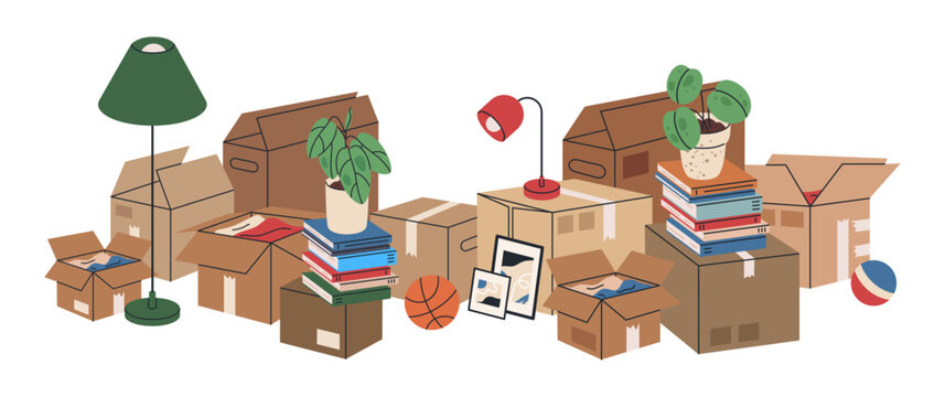 New house moving boxes. Moving stuff in stacked cardboard boxes, carton moving boxes with books, clothes and pot plants flat vector background illustration. Hand drawn moving boxes