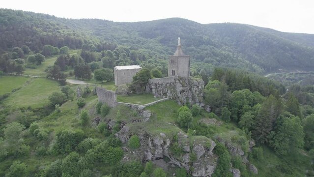 Orbiting Over Chateau du Luc Ruined Castle In Luc, Lozere, France. Aerial Shot