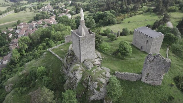Drone Orbiting On Ruins of Luc Castle In Luc, Lozère France. Aerial Shot
