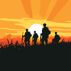 Fototapeta na wymiar Soldiers silhouettes on a filed in the sunset flat