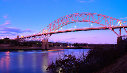 Sagamore Bridge at Night over the Cape Cod Canal on Cape Cod, Massachusetts, USA, Long Exposure Photo